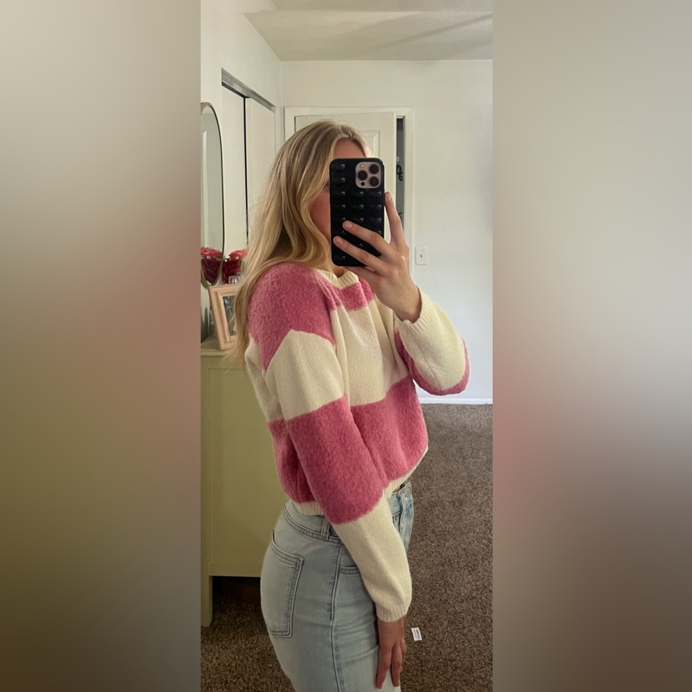 Pink and white striped crop sweater